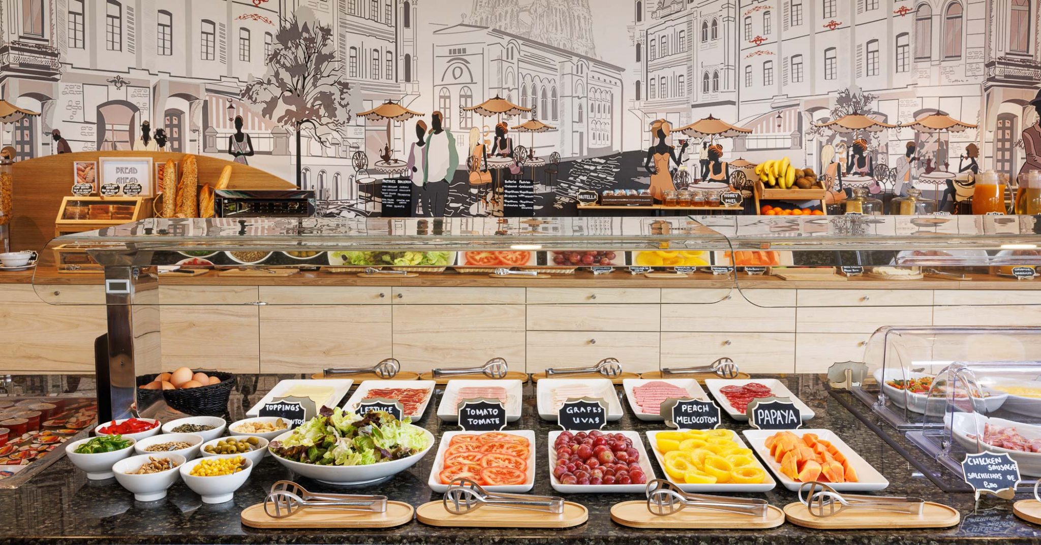 Mediterranean buffet breakfast spread at Hotel Ronda Lesseps